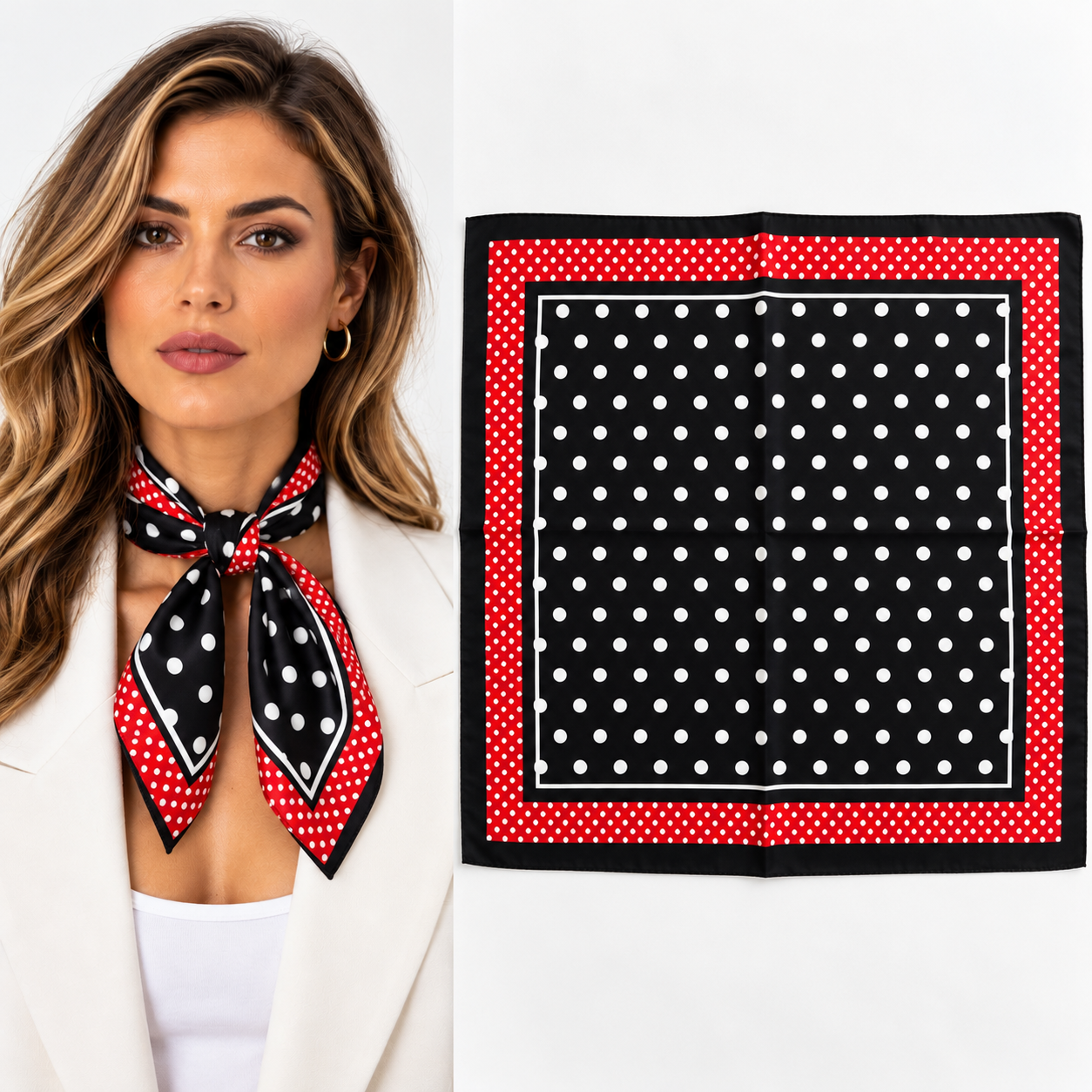 Kırmızı Siyah Puantiye Desenli Fular / Bandana 50x50