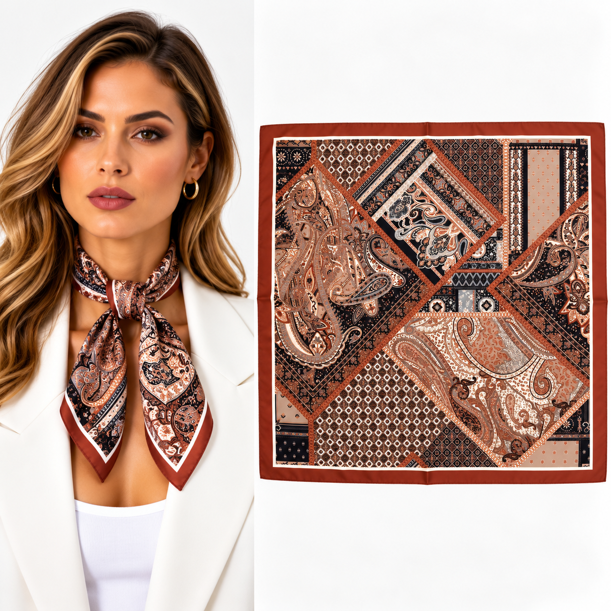 Kahverengi Mozaik Desenli Fular / Bandana 50x50