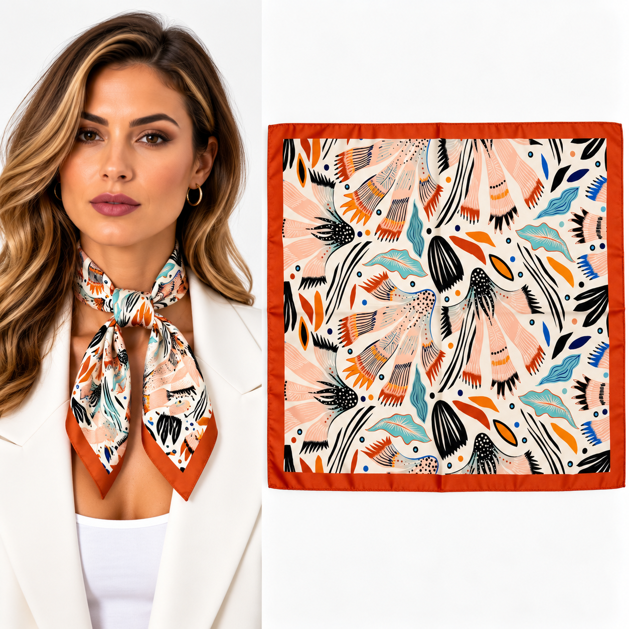 Turuncu Bordürlü Karışık Desenli Fular / Bandana 50x50