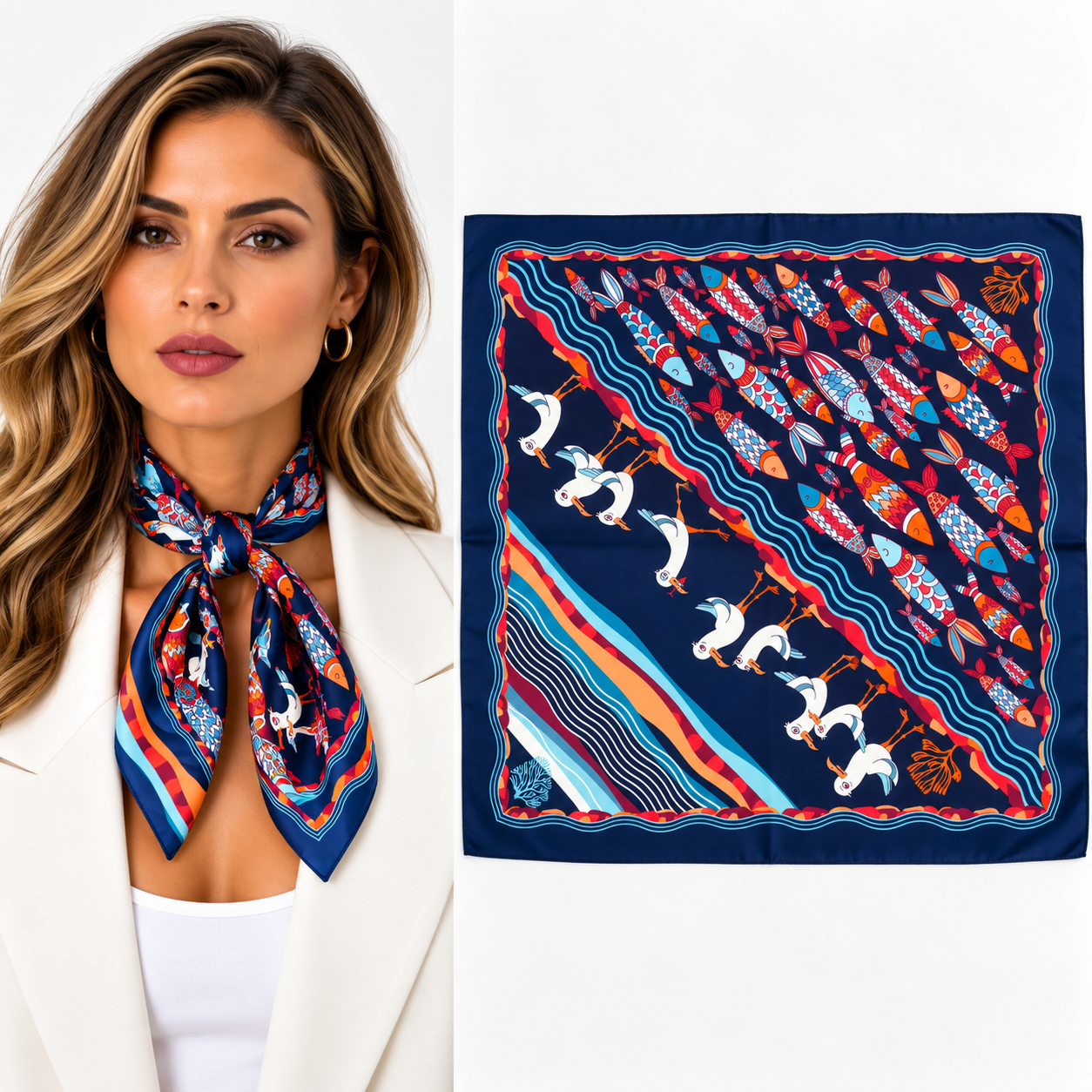 Martı ve Balık Desenli Fular / Bandana 50x50