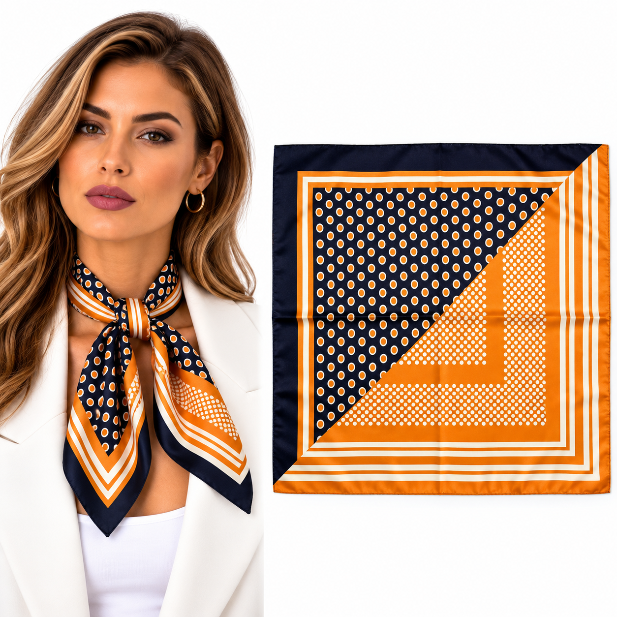 Sarı ve Lacivert Puantiyeli Fular / Bandana 50x50